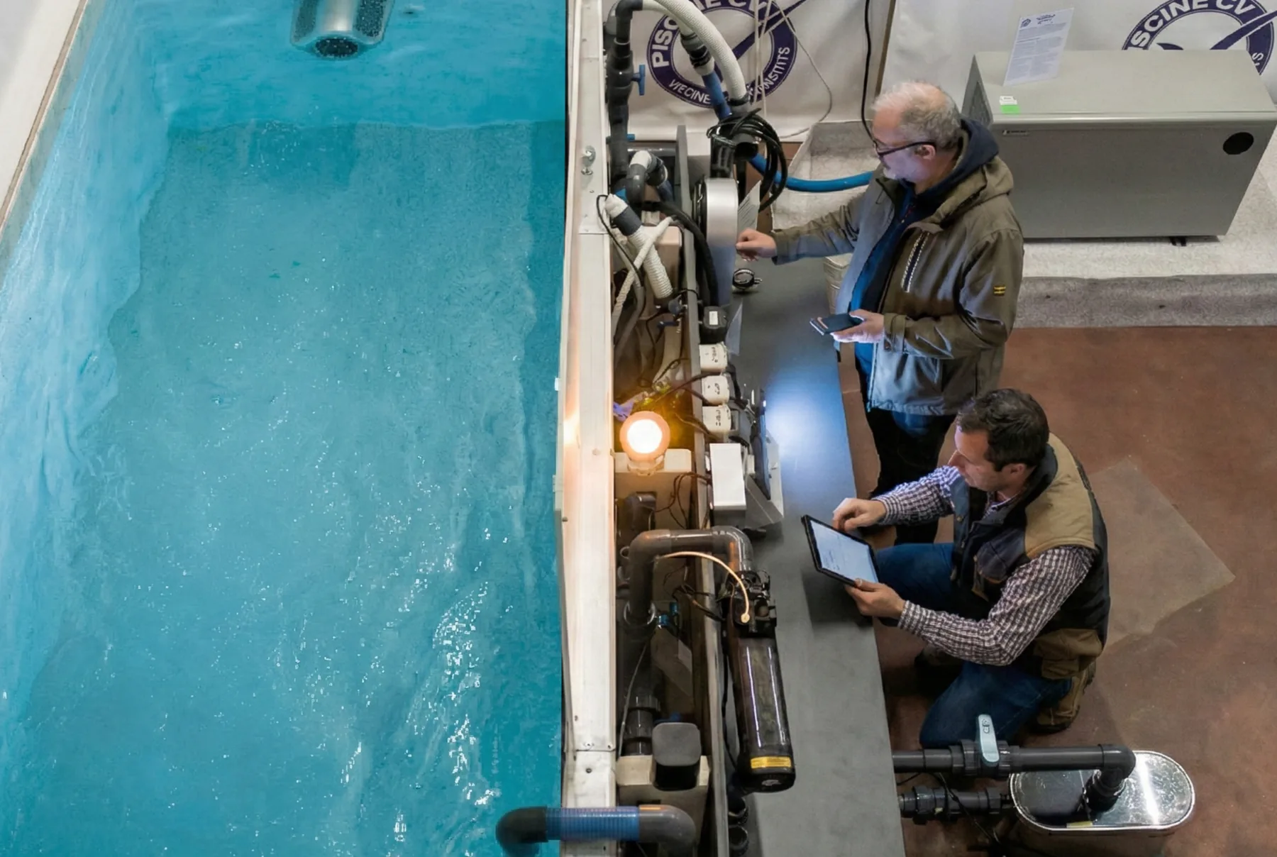 Uomo preoccupato col telefono a bordo piscina